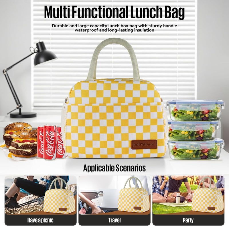 douyadady Lunch Bag Women/Men Lunch Box Women/Men (Yellow+White Checkerboard) - Image 3